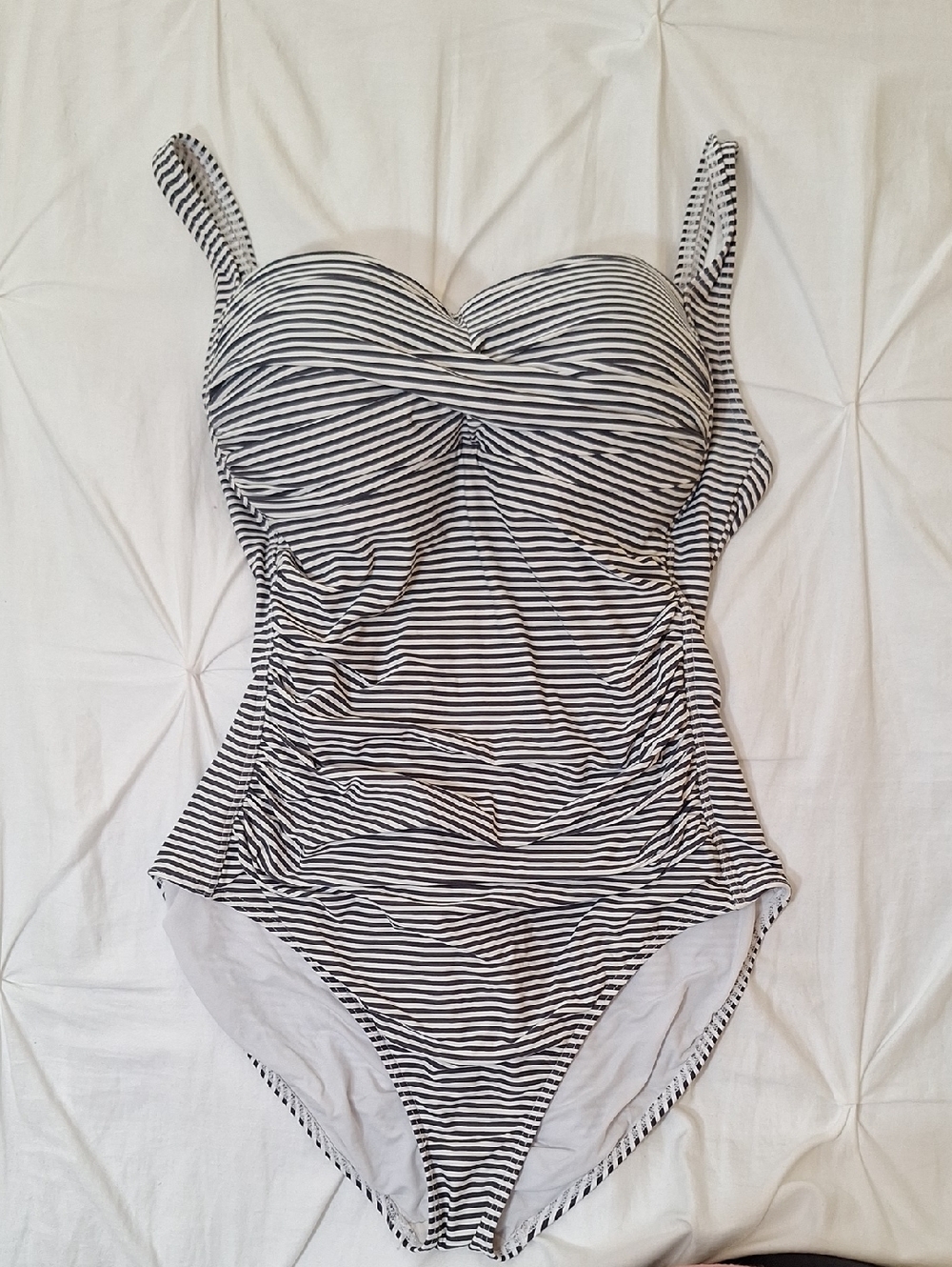 Retro Striped Dark Grey and White One-Piece Swimsuit